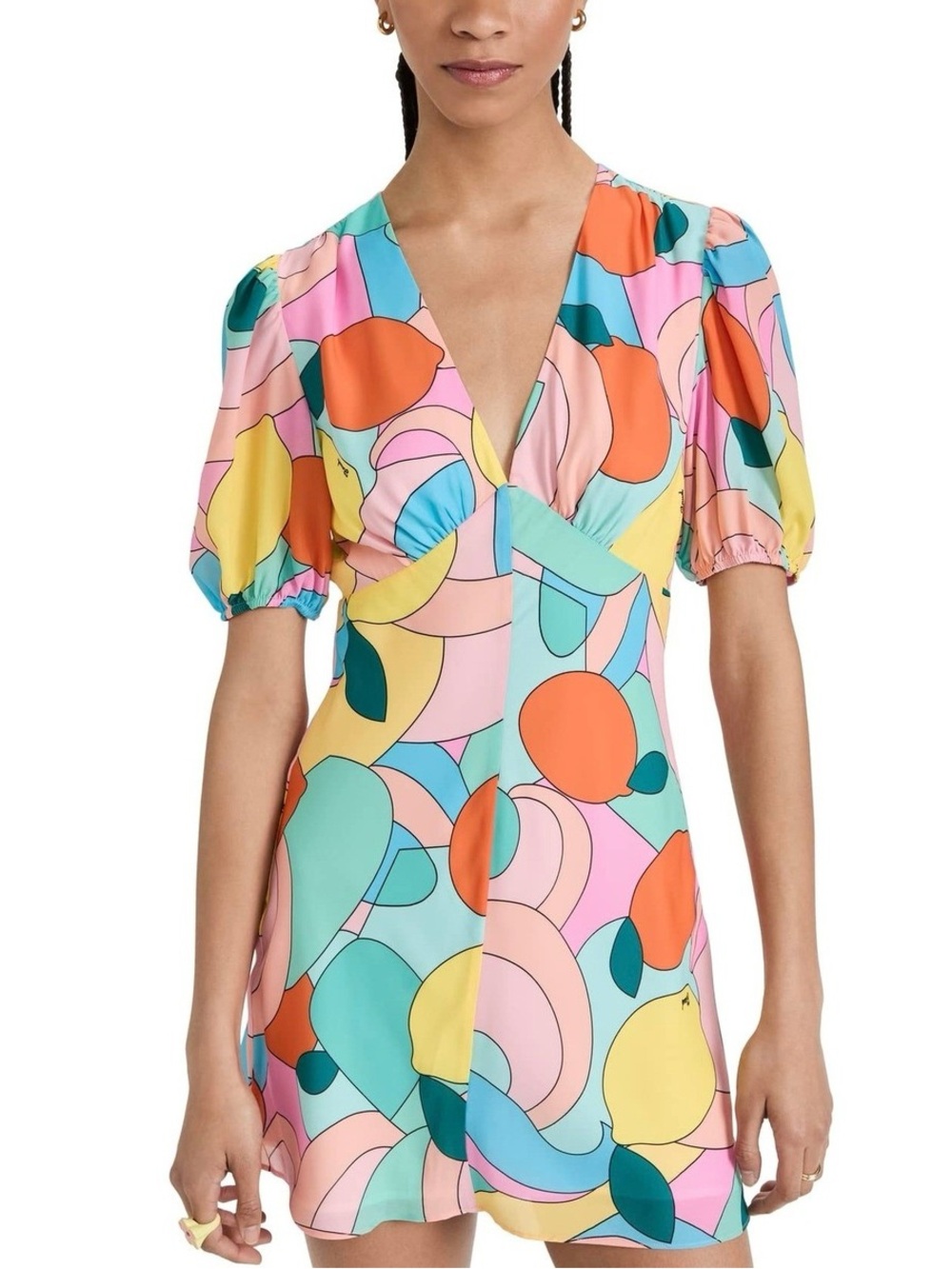 STAUD Mila Mini Dress Citrus Kaleidoscope Lemon Print Party NEW